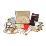 Costume jewellery and objects including easel photo frame and silver handled button hook : For