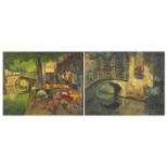 Canal scenes, pair of Dutch school oil on canvasses, each bearing indistinct signatures, framed,