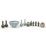 Chinese porcelain and metalware including vases hand painted with landscapes and a Canton teapot,