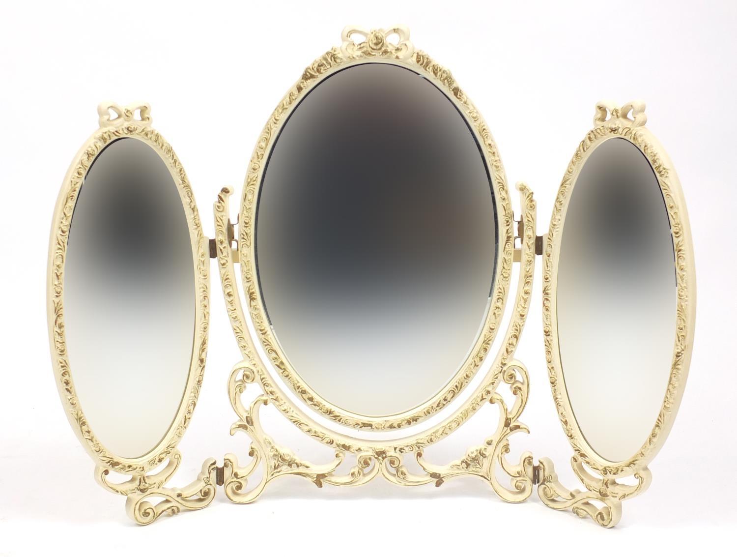 Cream and gilt triple aspect mirror, 62cm high : For Further Condition Reports Please Visit Our