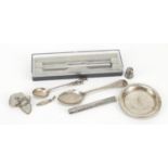 Silver items including a pencil lead case, circular dish, thimble and a Parker ballpoint pen : For