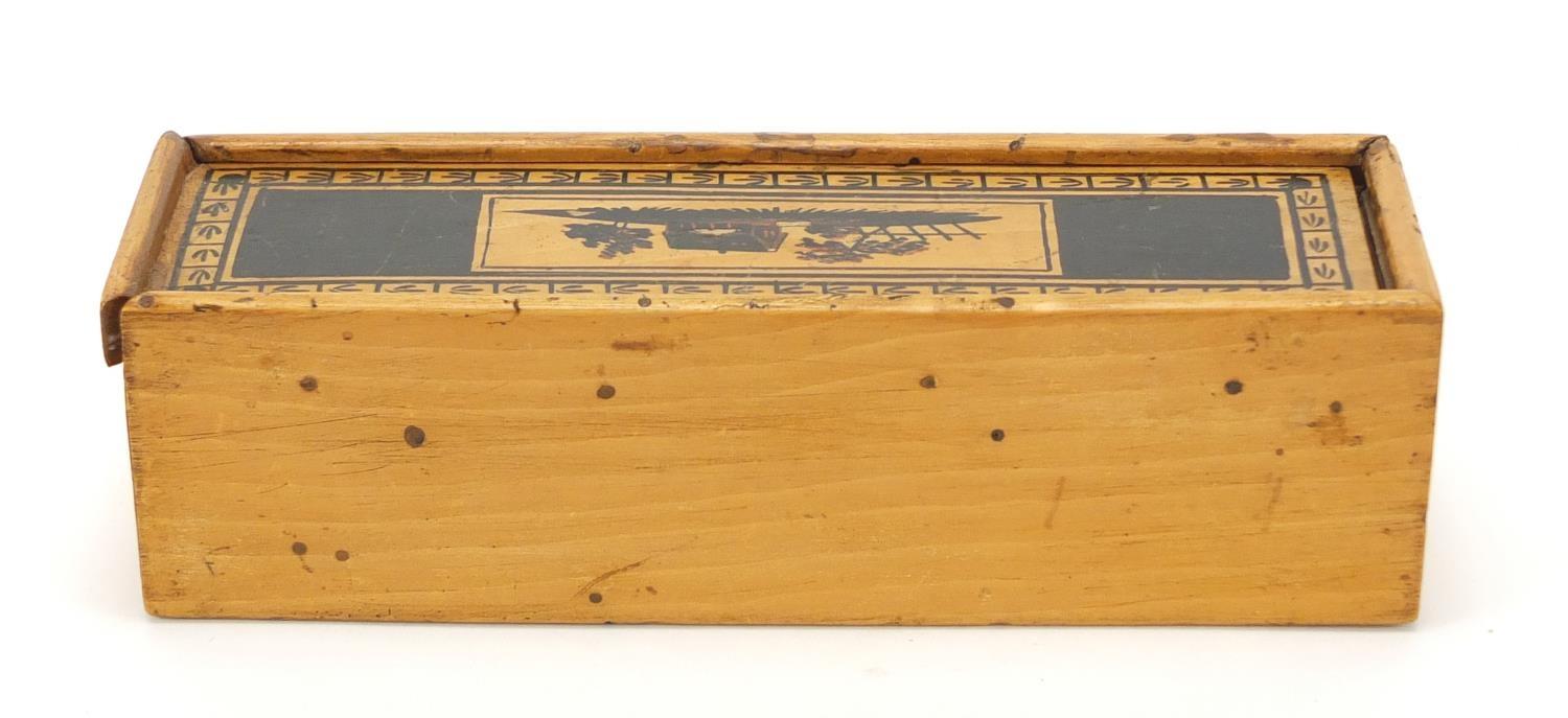 Early Georgian Tunbridgeware whitewood cotton reel box painted with a cottage and trees, 17cm wide : - Image 9 of 12