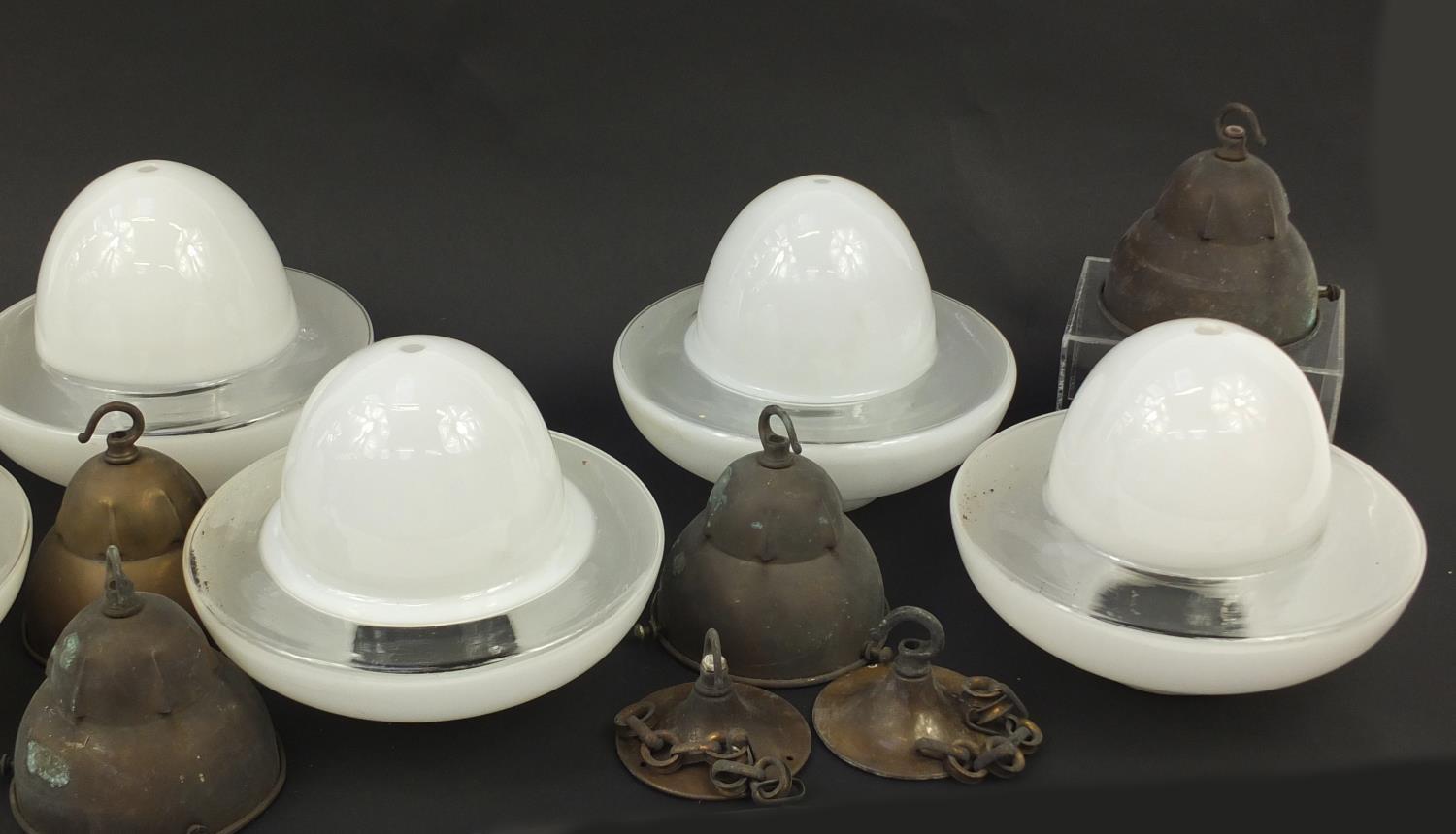 Set of six Art Deco opaque and clear glass light pendants with fittings, each 25cm in diameter : For - Image 11 of 11