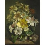 Bennett Oates 1973 - A flower piece, lillies in a vase, oil on board, inscribed Stacey Marks label