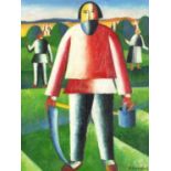 Figure in a field, Russian school oil on board, mounted and framed, 39.5cm x 29.5cm excluding the