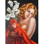 Manner of Tamara de Lempicka - Scantily dressed Art Deco female holding flowers, oil on board,