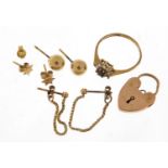 9ct gold jewellery comprising three pairs of earrings, a ring and love heart padlock, 6.0g : For