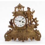 French gilt spelter figural mantle clock with enamelled dial having Roman numerals, 26cm high :