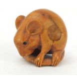 Japanese carved boxwood rat with character marks, 2.3cm high : For Further Condition Reports