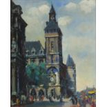 Continental street scene, figures before a tower, oil on board, framed, 36.5cm x 29cm excluding