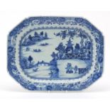 Chinese blue and white porcelain plate hand painted with a river landscape, 33cm wide : For