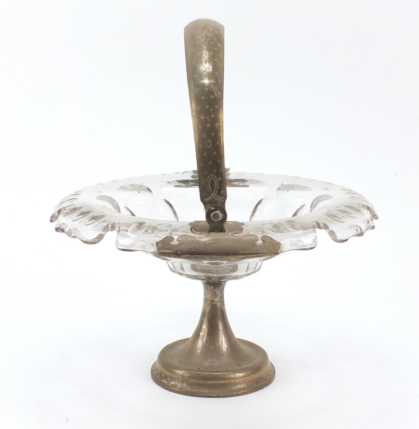 19th century French cut glass baskey with silver swing handle and pedestal, 28cm in diameter : For - Image 5 of 8