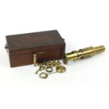 Victorian brass drum microscope by Gogerty of Fleet Street London with lenses and accessories,