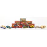 Eight vintage Matchbox Superfast die cast vehicles with boxes including numbers 60, 61, 65, 30,
