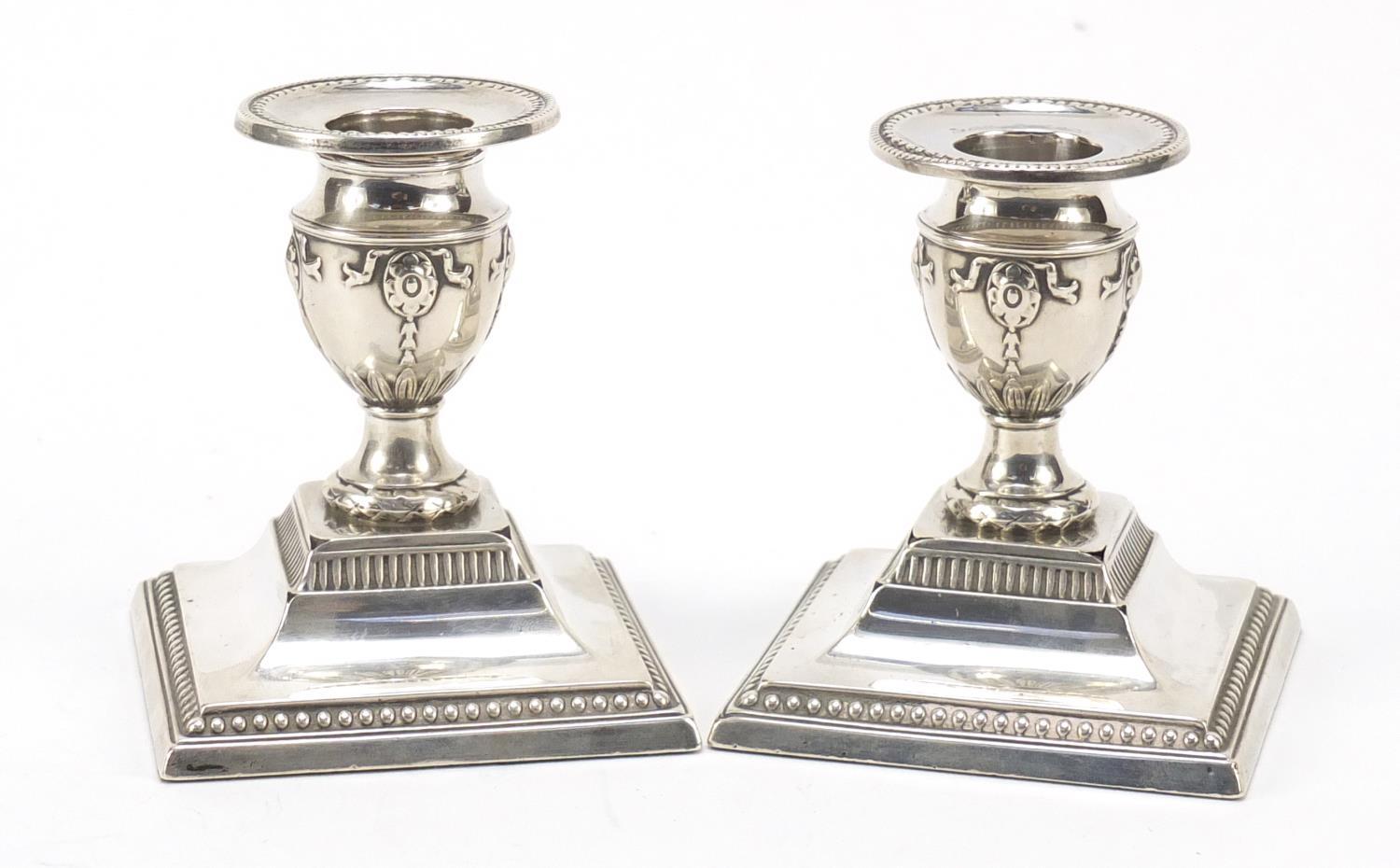 Fordham & Faulkner, pair of Edward VII silver dwarf candlesticks, Sheffield 1912, 8.5cm high, 346.0g