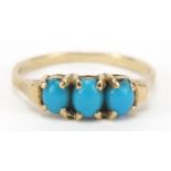 9ct gold turquoise three stone ring, size O, 2.0g : For Further Condition Reports Please Visit Our