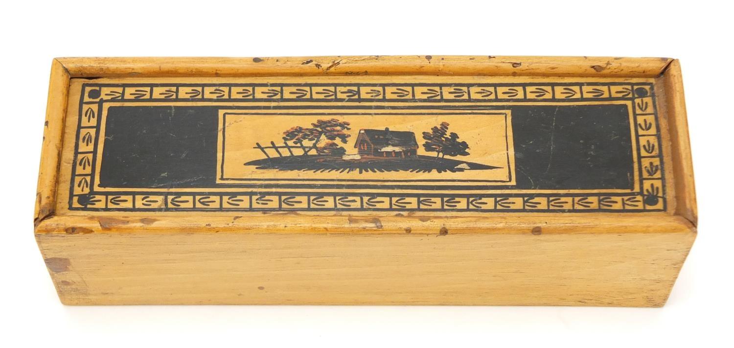 Early Georgian Tunbridgeware whitewood cotton reel box painted with a cottage and trees, 17cm wide : - Image 11 of 12