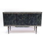 1950's green marbleised sideboard with three drawers and a pair of cupboard doors, 82cm H x 136cm