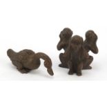 Two Japanese patinated bronze animals of three wise monkeys and a duck, the largest 4cm high : For