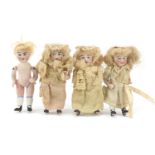 Four miniature bisque dolls with jointed limbs, each 7.5cm high : For Further Condition Reports