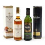 Two bottles of whiskey with boxes, comprising Glenfiddich Special Reserve and Macallan, ten years
