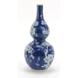 Chinese blue and white porcelain double gourd vase hand painted with prunus flowers, ring marks to