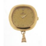 Ladies 9ct gold Omega fob watch with diamond set dial and paperwork, 33mm x 33mm, 11.6g : For