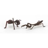 Two Japanese bronze insects comprising praying mantis and ant, the largest 7.5cm in length : For