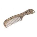 Chinese silver coloured metal comb decorated with a bird and calligraphy, 14cm wide : For Further