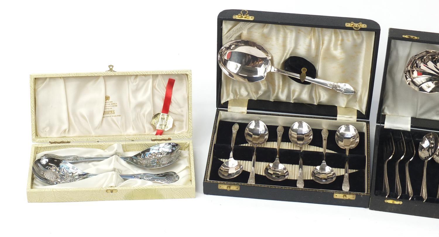 Five cutlery sets housed in fitted boxes, the largest 27.5cm wide : For Further Condition Reports - Image 2 of 15