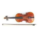 Old wooden violin with bow having mother of pearl and ivory frog and a fitted case, the violin