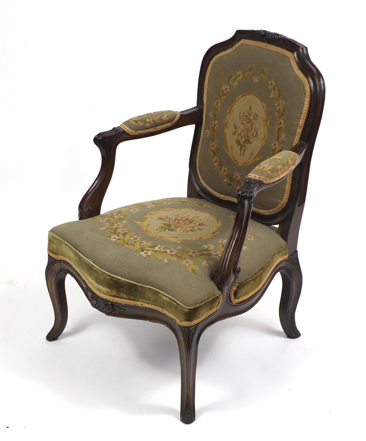 French walnut salon chair with floral needlepoint back and seat, 88cm high : For Further Condition