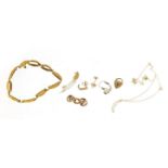 Gold and silver jewellery including 9ct gold earrings, 14ct white gold earring and a silver gilt