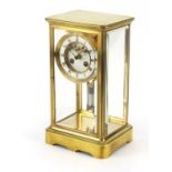19th century French brass case four glass mantle clock with Brocot escapement and enamel dial,