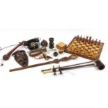 Miscellaneous items including African instruments, folding chess board, vintage telephone and a