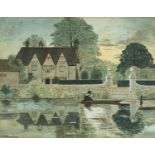 F A M Howson - Young girl in a boat before a house, Edwardian watercolour, mounted, framed and