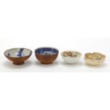 Japanese Satsuma pottery dish and three other Japanese porcelain bowls, the Satsuma dish 6cm in