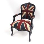 French Empire style open arm chair with Union Jack design upholstery, 93cm high : For Further