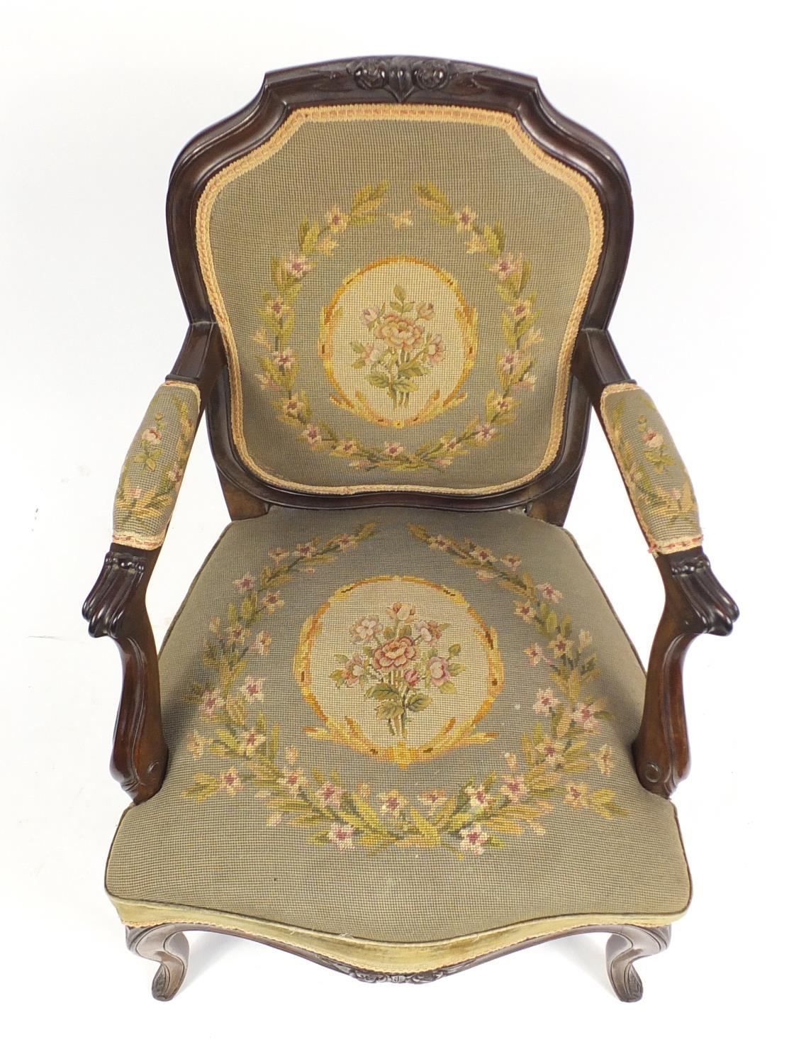 French walnut salon chair with floral needlepoint back and seat, 88cm high : For Further Condition - Image 3 of 4