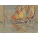 Nora Wheeler - Fishing boats at Chioggia, watercolour, inscribed label verso, mounted and framed,