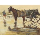 T Gruseels - Horse and cart on a beach, signed watercolour, mounted, framed and glazed, 14.5cm x