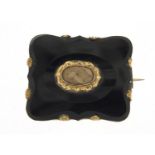Victorian unmarked gold and black hardstone mourning brooch, 4.8cm in length, 19.5g : For Further