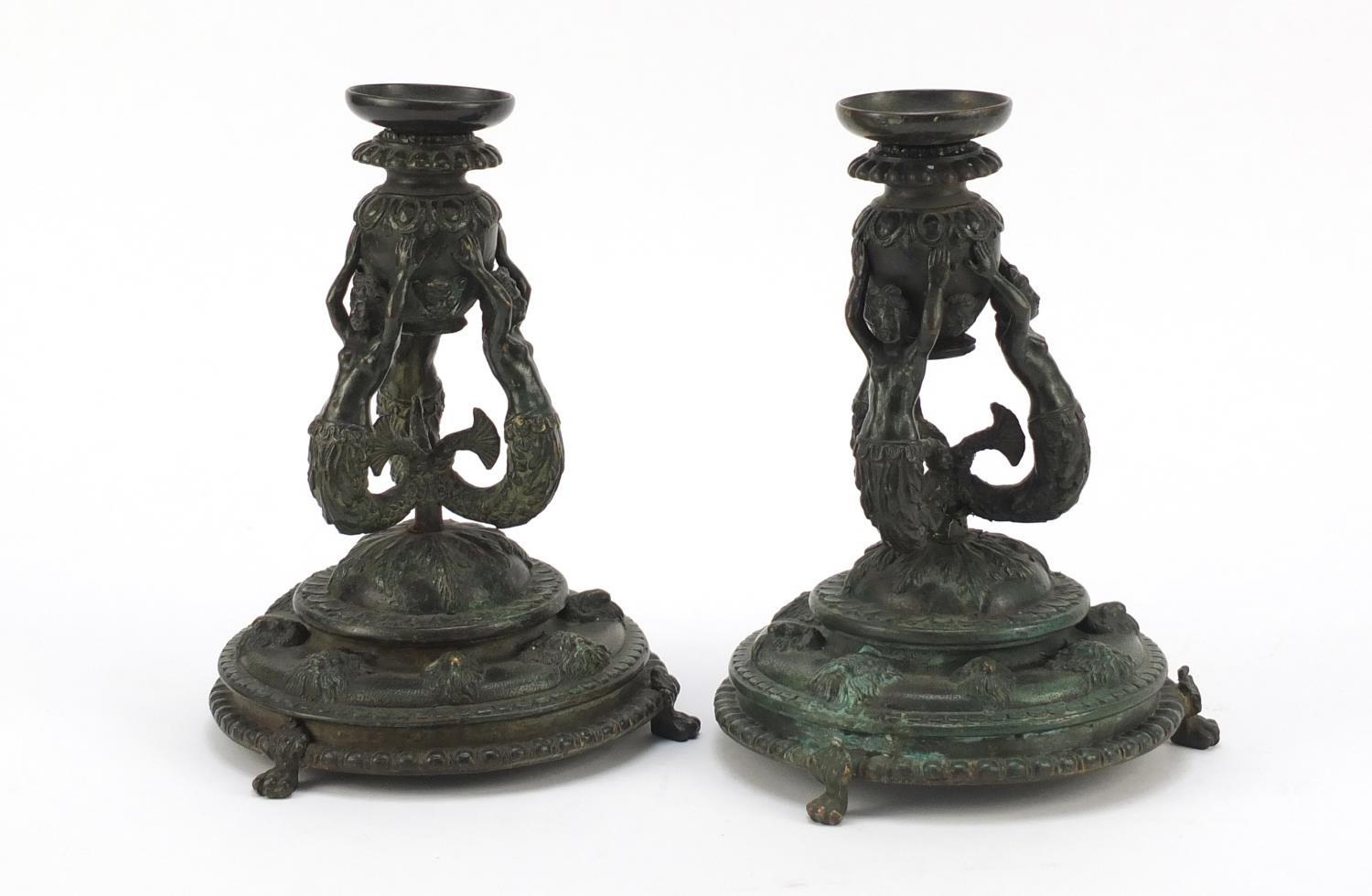 Pair of 19th century Renaissance style patinated bronze candlesticks, having detachable sconces - Image 4 of 6
