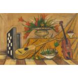 Manner of Bernard Buffet - Still life flowers, fruit and instruments, oil on board, framed, 74cm x