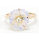 15ct gold carved opal and pearl flower head ring, size P, 2.8g : For Further Condition Reports