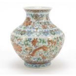 Chinese doucai porcelain vase hand painted dragons amongst flowers, six figure character marks to