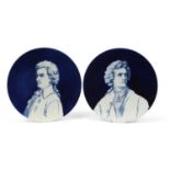Pair of Villeroy & Boch pottery wall chargers hand painted with Mozart and Goethe, 35cm wide : For
