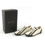 Pair of Gucci black and white trainers with box, size 37 : For Further Condition Reports Please
