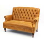 Two seater settee with tan button back upholstery, 94cm H x 130cm W x 85cm D : For Further Condition