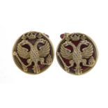 Pair of Russian silver and enamel double headed eagle cufflinks, each with impressed marks, 2.5cm in